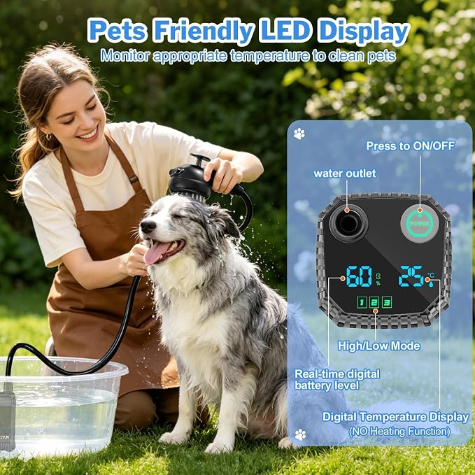 Rechargeable Portable Pet Shower Head Dog Bath Supplies for Indoor Outdoor | Dog Bathing Accessories with LED Display Temperature, IPX8 Waterproof Shower Pump Pet Grooming Tool for Yard Camping