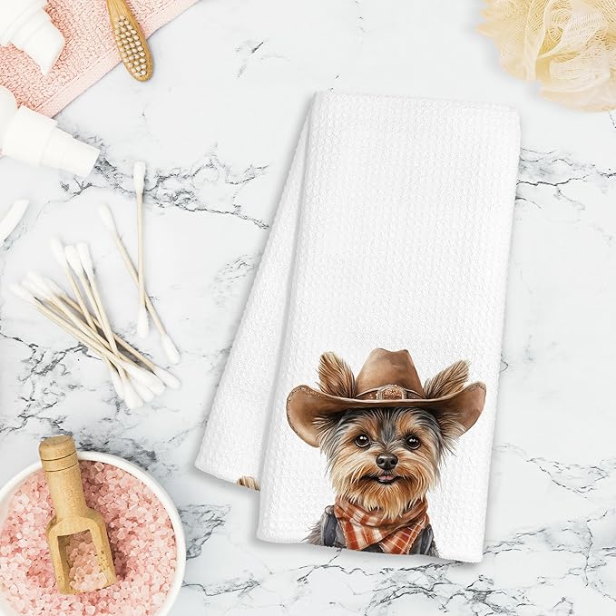 Western Yorkshire Terrier Dog Gifts Kitchen Towels Decorative - Gifts for Yorkie Lovers Dish Tea Towels for Kitchen Drying, Cowboy Hat Dog Hand Towels for Bathroom Decor, 16x24 Inch