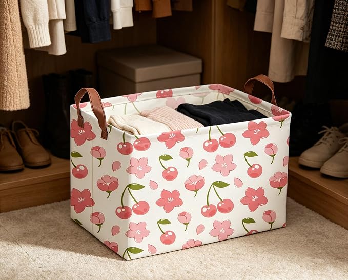 Rectangular Cherry Basket Girls Baskets Storage Bins Room Decor Cute Organizer Box(Cherry)