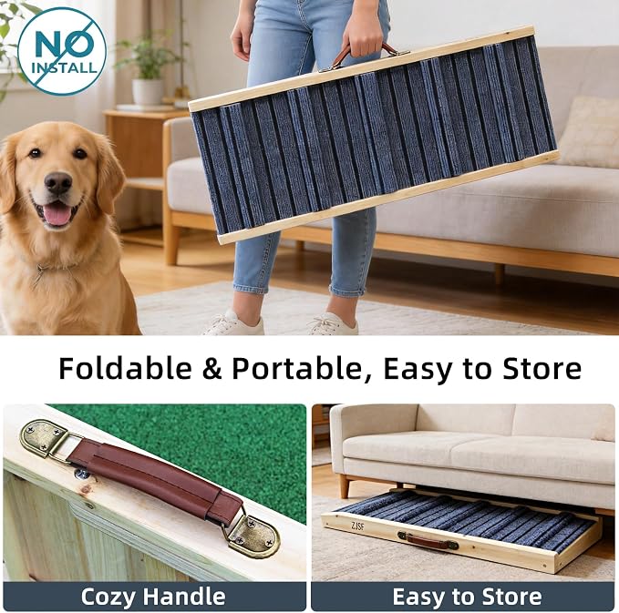 ZJSF Foldable Wooden Dog Ramp for High Bed, Dog Stairs for Small Dogs, High Traction Platform with 4 Adjustable Heights (5"-20.5"), 31.5" L, Supports up to 70 lbs,Small Size for Puppies