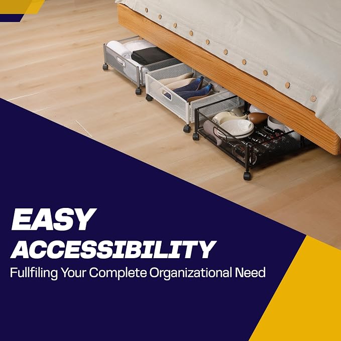 2pcs Large UnderBed Storage with Wheels - Sturdy Black Under Bed Storage with Wheels - Under the Bed Shoe Storage with Wheels of High-grade Steel – Can bare upto 25Kgs