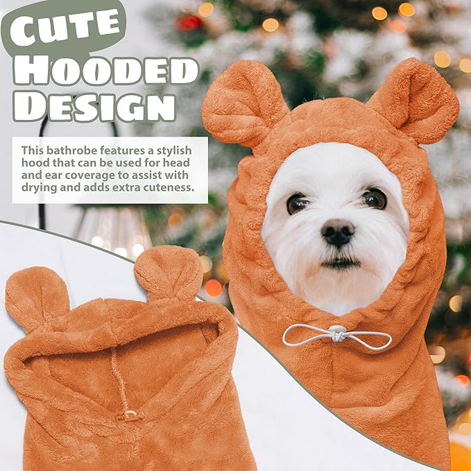Dog Bathrobe Super Absorbent Towel Robe - Microfiber Bath Towels Fast Drying Coat for Dogs, Cute Dogs Clothes Adjustable Collar & Belly Strap Warm Keeping Hooded Dog Towel (Orange, Medium)