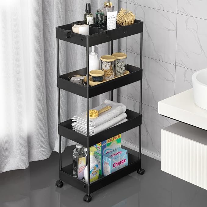 4 Tier Rolling Cart with Wheels, Storage Craft Art Trolley Organizer Serving, 3 Hanging Baskets Easy Assembly, for Office, Living Room, Kitchen
