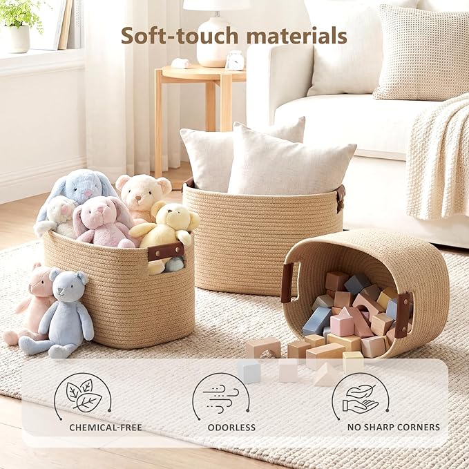 ECDYQXVU 15x10x9 Woven Cotton Rope Storage Basket, Leather Handles 3 Pack | Foldable Design, Sturdy PU Handles, Easy to Clean Organizer for Living Room, Closet, Shelves, Bedroom, Laundry, Clothes