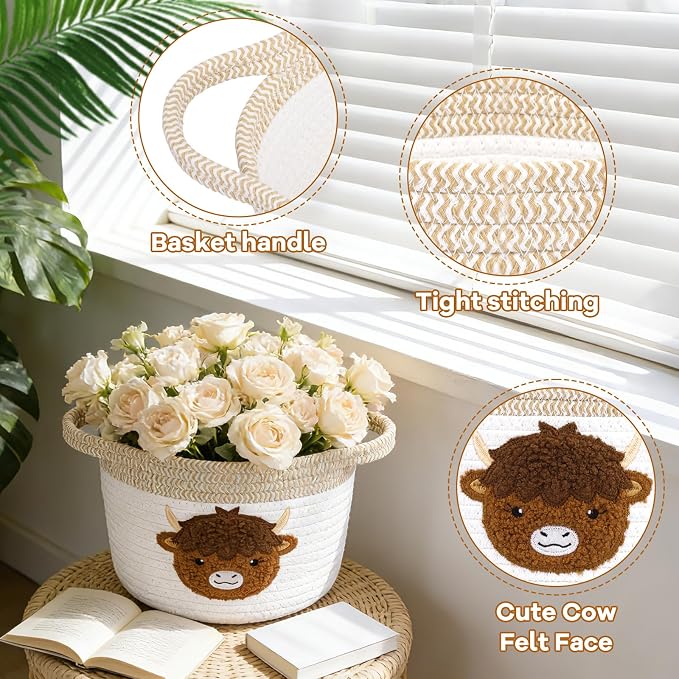 Highland Cow Gift Basket - Small Woven Cotton Rope Organizer Basket for Nursery, Pet Toys & Baby Shower, Foldable Decorative Bin with Handles (7.8x6in)