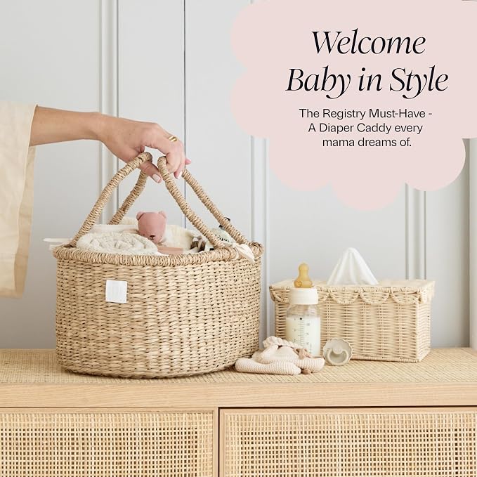 BEBE BASK Premium Baby Diaper Caddy Organizer Basket with Cotton Divider | Handmade & Award-Winner, Seagrass Caddy Basket, Newborn Essentials, Nursery Basket, Removable Divider, Baby Shower (ROSA)