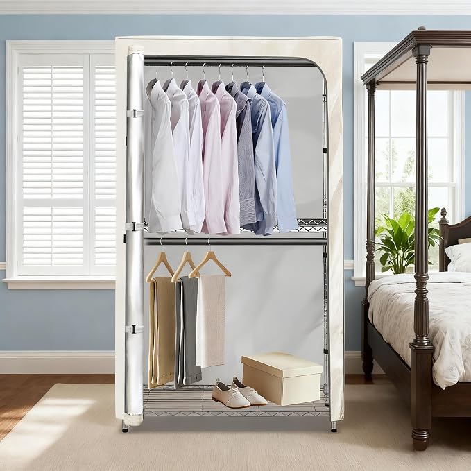 Rileytee Garment Rack Cover,600D Heavy Duty Waterproof Clothing Rack Cover,Clothes Rack Cover with Zipper for Metal Garment Rack(White,46"W x 18"D x 80"H,Cover Only）