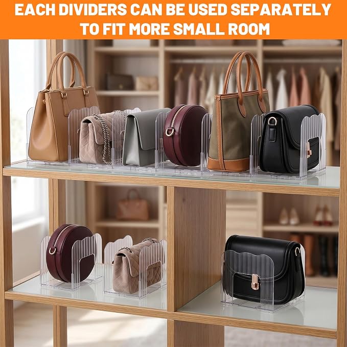 4 Sets Clear Purse Organizer for Closet, 16 Pcs Adjustable PET Handbag Storage Shelf Dividers, Clutch Separator for Shelves, Books, Accessories – No Assembly Needed