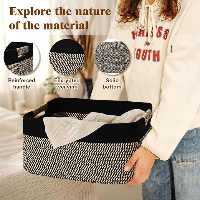 3 Pack Large Storage Basket for Organizing, 17.5"x13"x7" Woven Basket for Shelves, Closet Cube Storage Bins with Wrapped Handle, Cotton Rope Baskets for Kitchen, Clothes, Toys(Black & Brown)