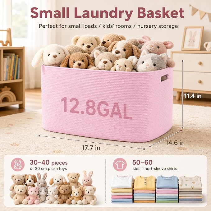 Cotton Rope Laundry Basket Small, 12.8GAL Collapsible Woven Storage Baskets for Living Room Kids Toys Stuffed Animal,Boho Rectangular Decorative Short Hamper for Dirty Clothes, Blankets Light Pink