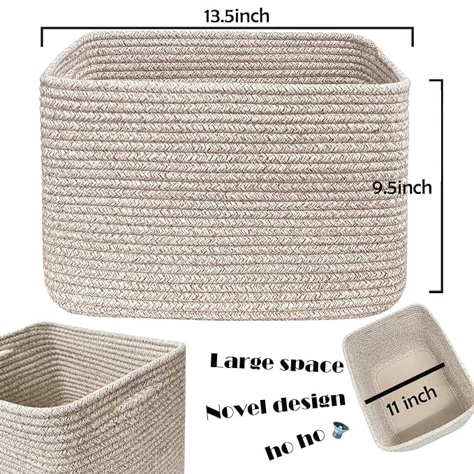 COMFY-HOMI Cotton Rope Woven Basket with Handles for Shelves,Toys,Book, Cloth Storage Baskets Bin for Organizing- 1 PCSToy Decorative Organizer for Living Room, Bathroom