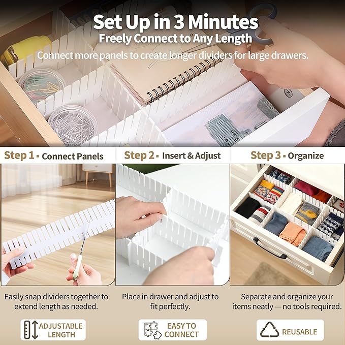 Adjustable Drawer Dividers, Cut-to-Fit DIY Organizers, White, 8 Pack | For Tidying Cutlery, Makeup, Clothes and Dresses in Drawers, Desks and Storage Boxes for Kitchen, Bathroom, Bedroom & Office