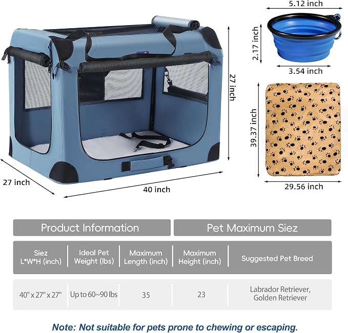 Petprsco Collapsible Dog Crate, 40 inch Portable Dog Crates for Large Dogs | Large Soft Foldable Dog Crate & Kennel for Travel, 3-Door with Sturdy Steel Frame & Durable Mesh Windows, Indoor/Outdoor