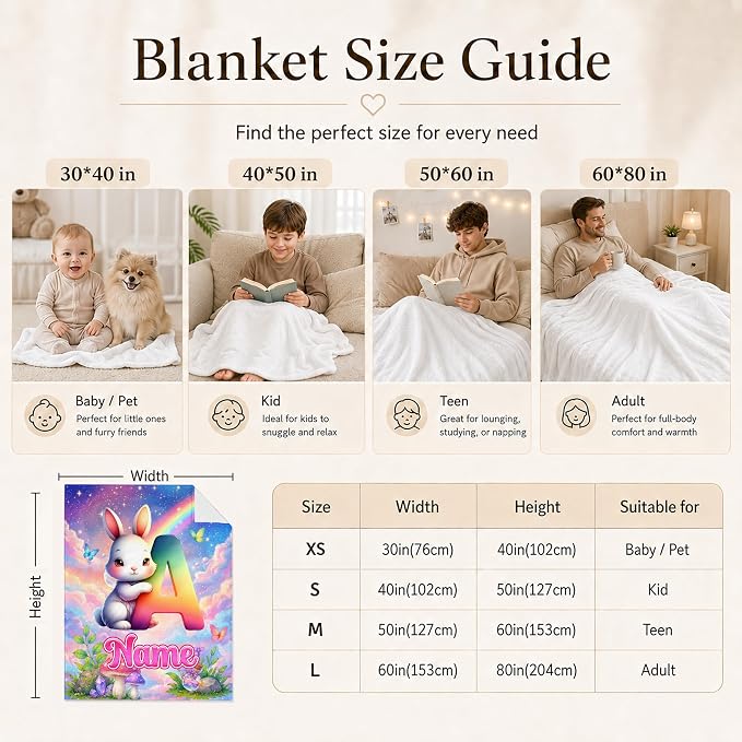 Personalized Blanket for Girls Bunny Throw, Custom Initial Name Kid Blanket | Kids Gift for Daughter, Cute Rabbit Blanket, Soft Touch, Living Room Throw