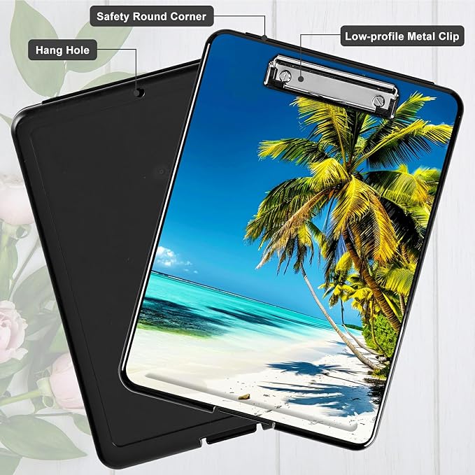 Blue Beach Palm Tree A4 Clipboard with Storage Pen Holder, Clipboards Organizer Nursing Clipboard Foldable File Folder Plastic Clipboard Folio Clip Board for Office Students Classroom