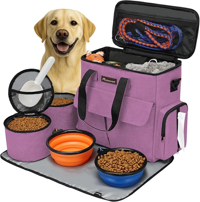 Modoker Weekend Dog Travel Bag Set with 2 Food Bags, 2 Bowls and Mat,Pink | Dog Travel Accessories Organizer for Camping and Road Trips with Roomy Storage, Multiple Pockets and Water-Resistant Oxford