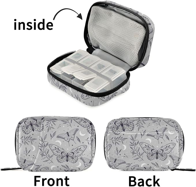Fustylead Boho Magic Gray Space Elements Stars Butterflies Pill Organizer Travel Portable Zipper Cloth Bag for Holding Weekly Supplements Vitamins and Fish Oils
