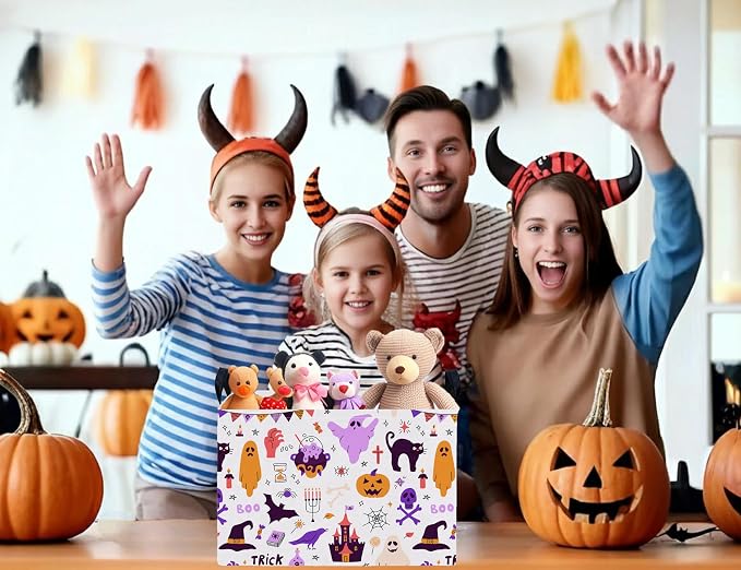 Large Halloween Themed Candy Gift Boo Basket for Kids Baby Personalized Adults Storage Bin Fall Decor(Purple Skull Castle Cat Spooky)