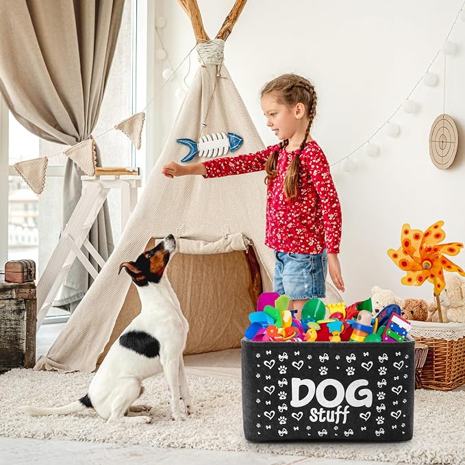 WRINGKIT 3 Pack Dog Toy Bin Basket, Large, Collapsible | Pet Puppy Storage Bin Box with Handles, Felt Storage Bin Basket for Dog Toys, Blankets, Pet Supplies Storage, Dog Room Decor