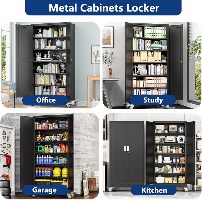 Ckzbx Metal Large Garage Storage Cabinet with Locking Doors and Adjustable Shelves,73.6" H Rolling Tool Storage with Wheels for Garage,Office (Black)