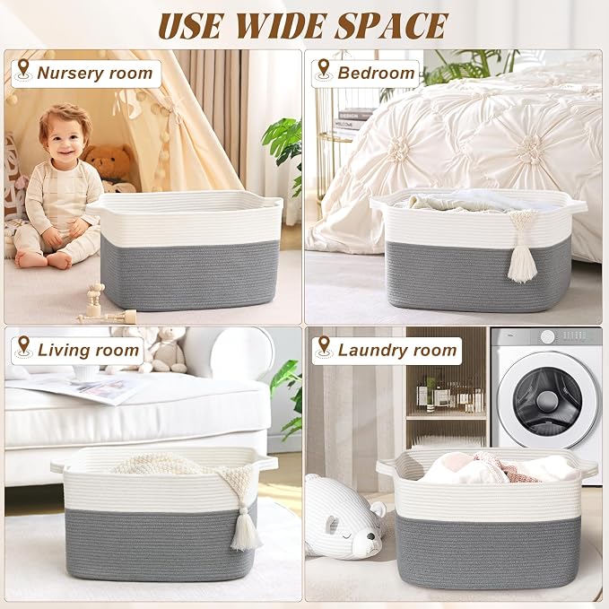Large Blanket Basket, 60L Storage Baskets for Organizing, Woven Laundry Basket for Blankets, Cotton rope Blanket Storage for Living Room, Nursery Room, 19.7" L x 15.74" W x 11.8" H, Gray