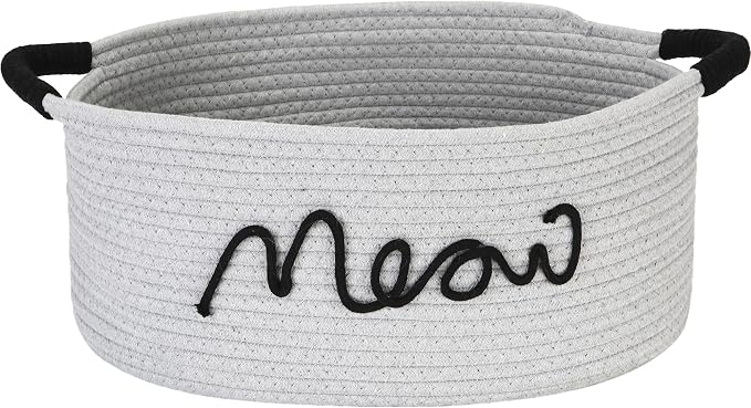 Sea Team Cat Toy Storage Basket with Handles, Gray Meow | Large Cotton Rope Storage Bin, Shelf Basket, Organizer for Pet Chew Toys, Foods, 16.5 x 11 x 7 Inches, 4.4 Gallons
