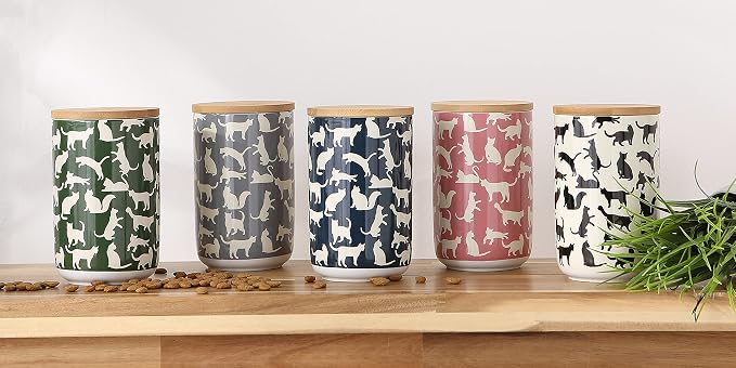 Bone Dry Ceramic Treat Jar for Cats and Dogs, Bamboo Lid, Dishwasher Safe Canister, 4x6.5", Navy, Cat Treats