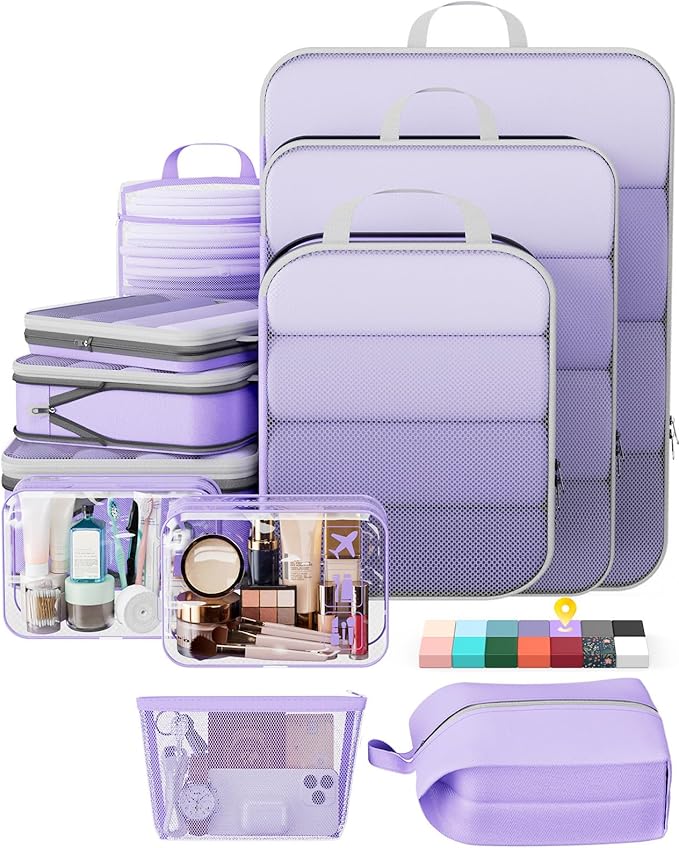 Veken 11 Set Compression Packing Cubes Garment Bags for Travel Essentials,Compressible Expandable Luggage Organizer Bags for Clothing,Space Saver Bags with Over 1000 pcs of Mesh Holes(Light Purple)