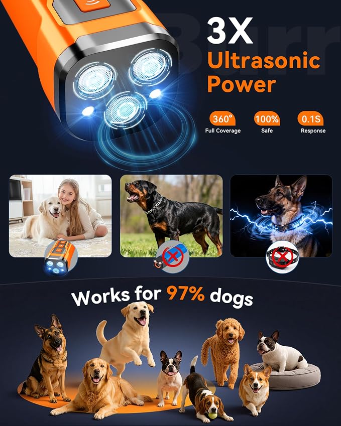 Dog Bark Deterrent Devices, 3X Ultrasonic Anti Barking Device for Dogs | 6 Modes Stop Neighbors Dog Barks No More Bark Control Indoors Outdoors Safe & Humane Behavior Correct Training Tool