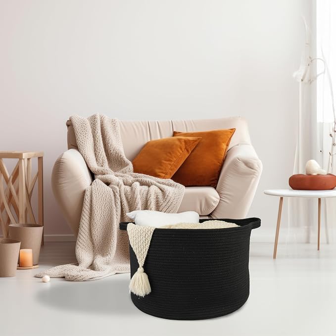 XUANGUO Extra Large Cotton Rope Round Storage Basket 22" x 14" Black | Woven basket for blankets, toys, towels, laundry, nursery, living room and pet toy storage.