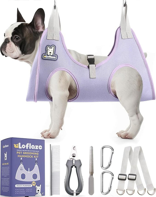Loflaze Dog Grooming Hammock Harness for Dogs & Cats with Pet Nail Clipper Trimmer - Cat Hanger Sling for Trimming Clipping Nails- Dog Hammock Restraint Bag for Small Medium Large pet （ Purple M）