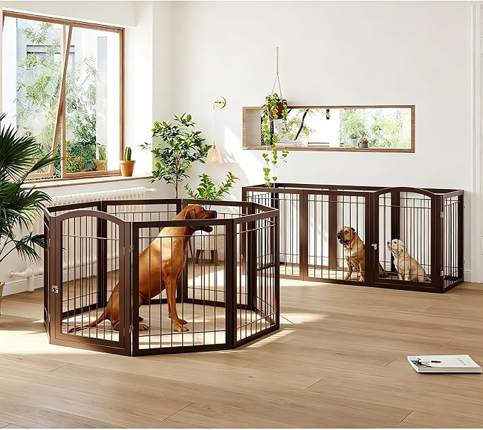 JSB 192-inch Extra Wide 30-inch Tall Dog gate with Door Walk Through,Full Matel Freestanding Pet Gate for Halls, Stairs & Home, Pet Puppy Safety Dog Fence with 4PCS Support Feet (Espresso)