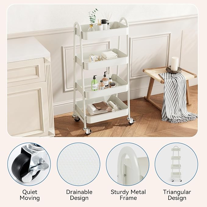 OLIXIS Metal 4 Tiers Rolling Storage Utility Cart with Lockable Wheels | Mobile Organizer Shelf, Space-Saving, Freestanding, Bathroom, Living Room, Slim, Narrow Corner Spaces, White