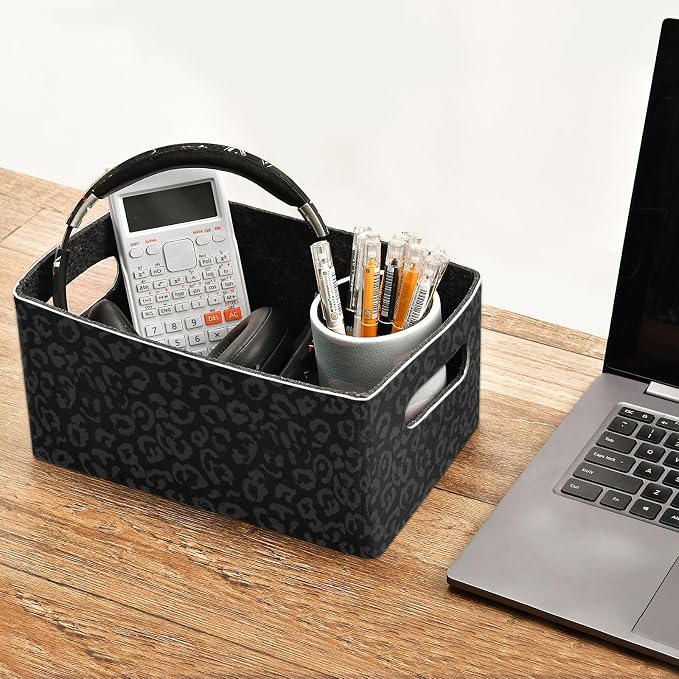 Emelivor Leopard Black Storage Basket Bins Set (2pcs) Felt Foldable Storage Bins with Fabric Rectangle Basket for Organizing for Laundry Room Organization