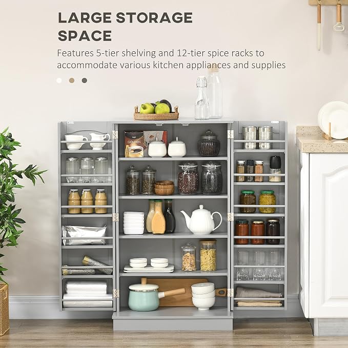 HOMCOM 41" Kitchen Pantry Storage Cabinet 12 Door Shelves Double Doors Gray | Freestanding Kitchen Cabinet, 2 Doors, 5-Tier Shelving, Adjustable Shelves