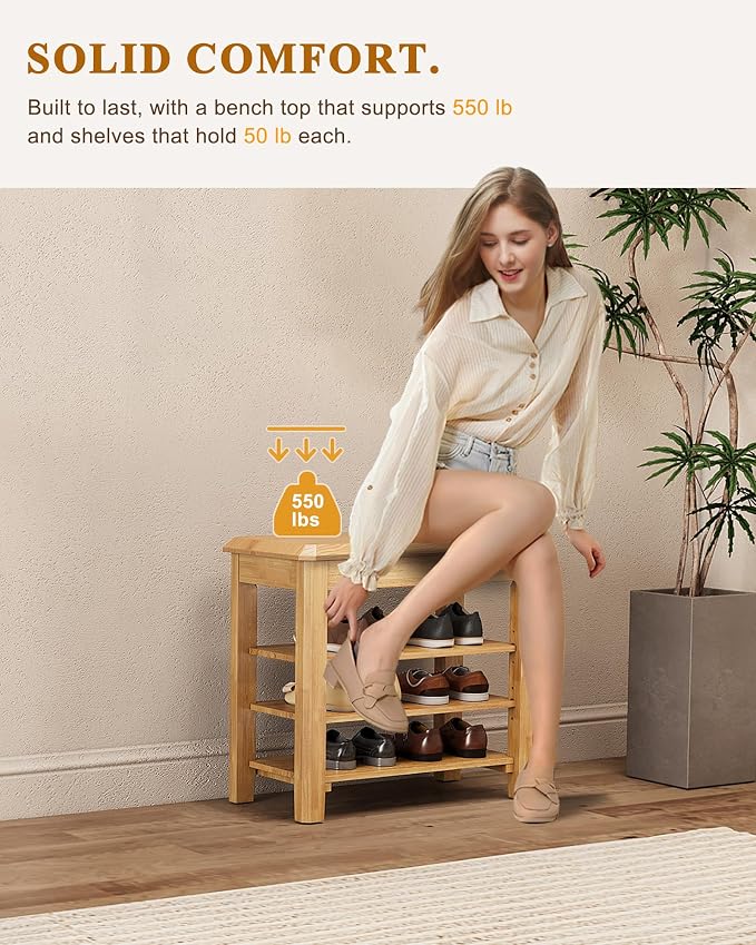 IUNVR Shoe Rack Bench Seat Rubberwood 3-Tier Wooden Storage Bench 550lbs Compact Mid-Century Modern Design for Entryway, Hallway, Closet, Front Door Entrance, Foyer
