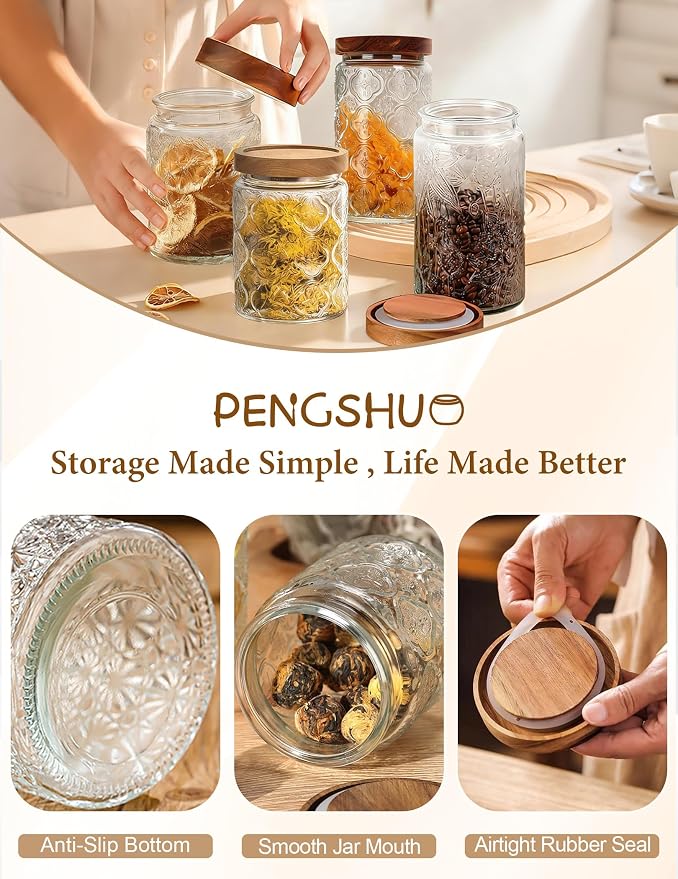 Vintage Glass Jar with Wood Lid - Christmas Airtight Canisters for Kitchen Countertop Bathroom, Storage Candy, Cookie, Coffee, Apothecary, Sugar, Flour ,Pet Treat (Sunflower & Begonia, 24oz/700ml)