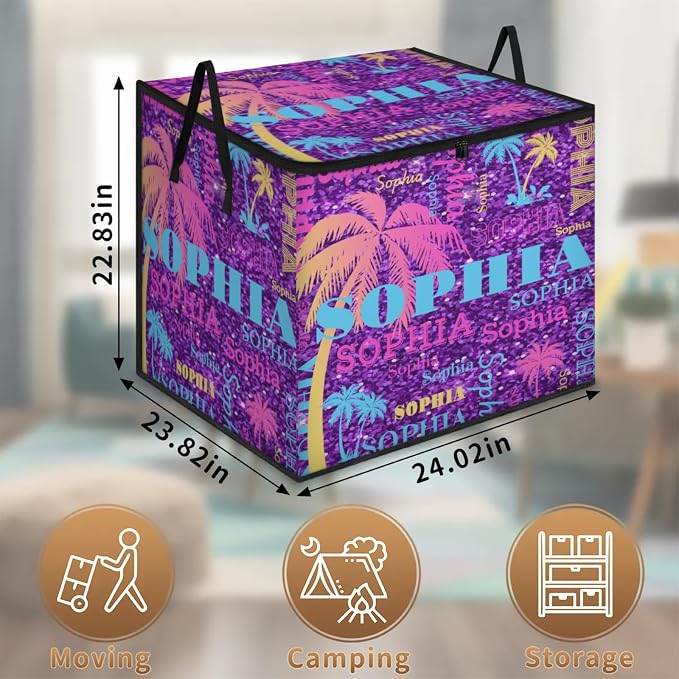 Personalized Name Large Storage Basket with Lid, Bright Purple Sequins Glittering Yellow Blue Palm Trees Storage Bins Quilt Clothes Organizer for Bedroom, Bathroom, Nursery, Shelves, Closets