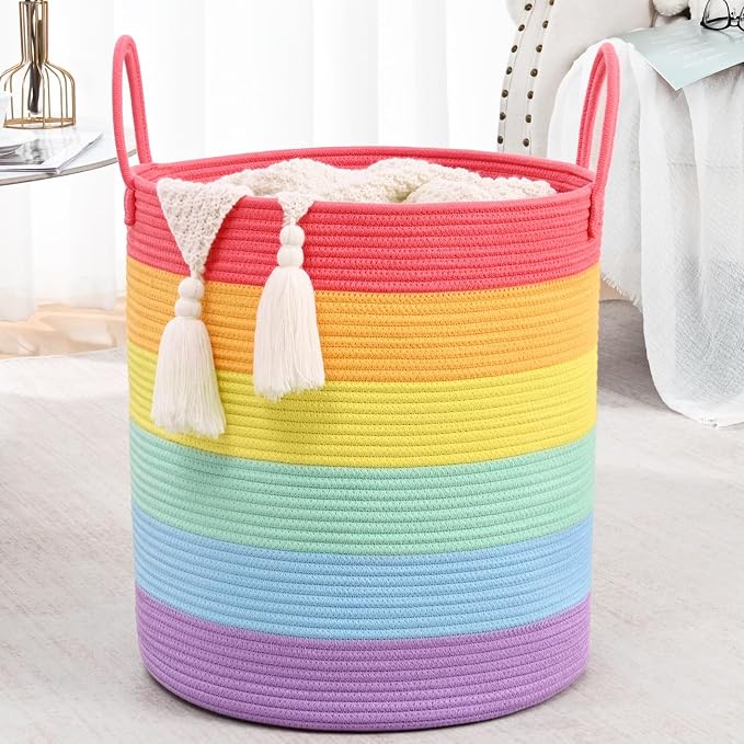 Laundry Hamper for Organizing, 52L Large Laundry Baskets, Cotton Rope Woven Blanket Basket, Collapsible Laundry Hamper for Living Room, Nursery, 15"×18", Rainbow