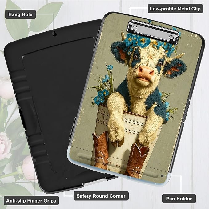 A4 Clipboard with Storage Pen Holder, Clipboards Organizer Nursing Clipboard Foldable File Folder Plastic Clipboard Folio Clip Board for Office Work Classroom Doctor, Cow Blue Flower