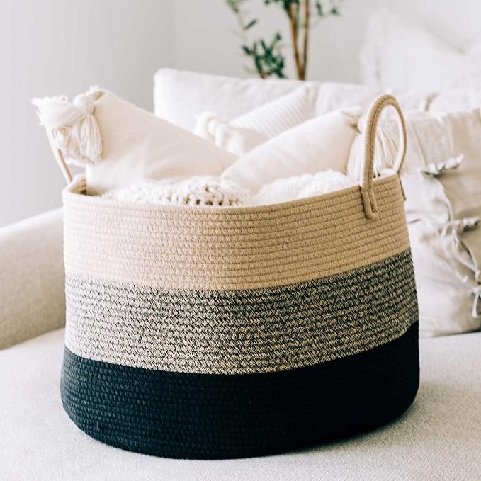 OrganiHaus Round Toy Basket & Blanket Basket, Cotton Rope 20x13" | 3-Toned Brown - Round Cotton Rope Basket, 20x13"