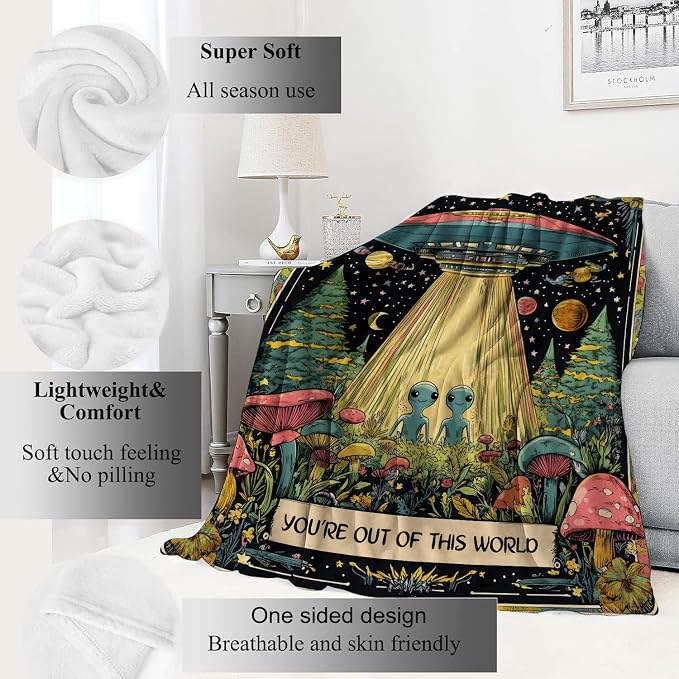 Alien & UFO Blanket Space Throw Blankets with Colorful Mushroom, Planet & Star,Birthday Gifts for Kids Adult & Sci-Fi Lovers,Lightweight Soft Fleece,for Sofa Couch Bed Room Decor 50x60in