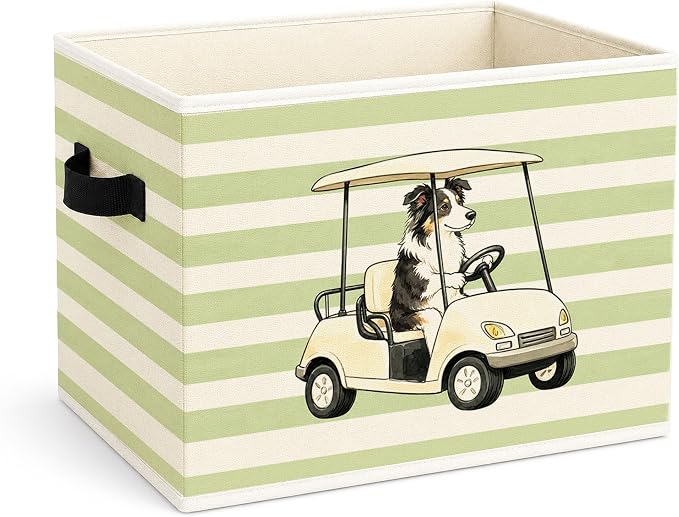 Golf Dog Green Stripe Foldable Fabric Storage Bin | Dog driving golf cart green stripe design; foldable fabric storage bin for kids room, nursery, or playroom.