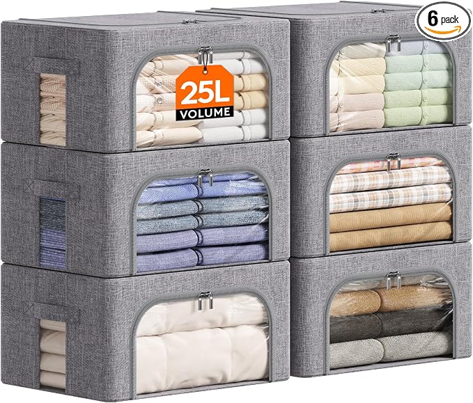 Lifewit Clothes Storage Bins with Metal Frame, Stackable Storage Box, Foldable Clothing Storage Bins with Lids, 25L Storage Bags Fabric Box Organizer with Clear Window＆ Zippers＆ Sturdy Handles 6 Pack