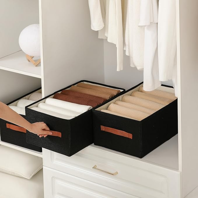 linen closet organizers and storage, 3 Pack Large Storage Baskets, Washable, Clothing Storage Bins with Handle, Closet Organizer for Storage Sweater,Sheets (Black, 18½"x11 x8½)