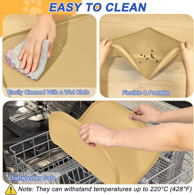 SMILOOL Silicone Pet Feeding Mat with Raised Edge for Food and Water, Dog Bowl Mats, Cat Bowls Placemat with High Lip for Floor Waterproof, Rubber Tray for Cats and Dogs 24 x 16 x0.8 Dark Beige