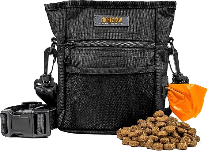 Mighty Paw Dog Training Treat Pouch, No-Spill Magnetic Clasp, Black | Adjustable Belt Sling, Waist Pack or Fanny Pack, Hands-Free Wear, Poop Bag Holder, 4 Pockets, Made in USA