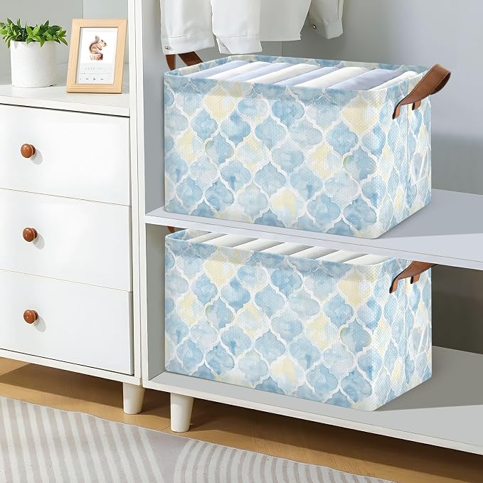 Light Blue Yellow Moroccan Tile Storage Bins for Shelves with Labels&Handles Fabric Organizer Bin Foldable Rectangle Storage Basket Boxes for Closet, Bathroom, Home, Living Room