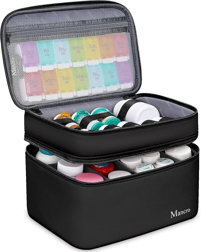 Mancro Dual Layers Medicine Organizer Bag with Lockable Zipper, XL | Pill Bottle Organizer Storage, Medication Bag for Pills, Vitamins, Medical Supplies for Home Storage, College Medicine Kit