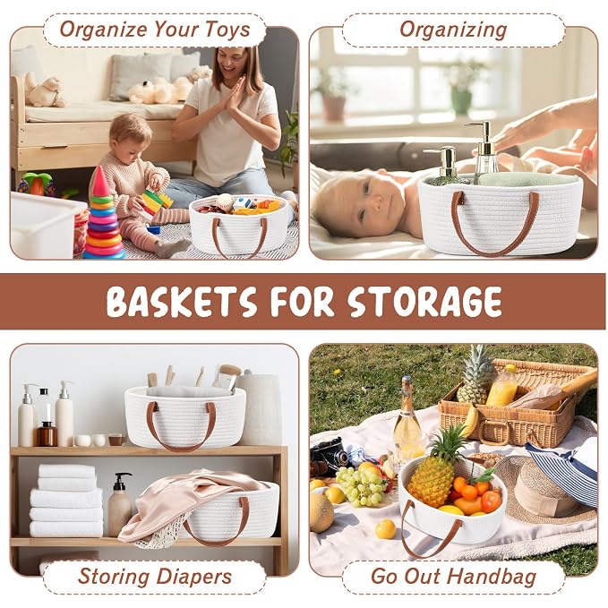 Colingmill Empty Woven Gift Basket with PU Leather Handle and Bag Cotton Rope Basket Organizer for Pet Toy Storage Baby Shower Birthday Party Wrapping Gift(12 * 8 * 5 Inch)